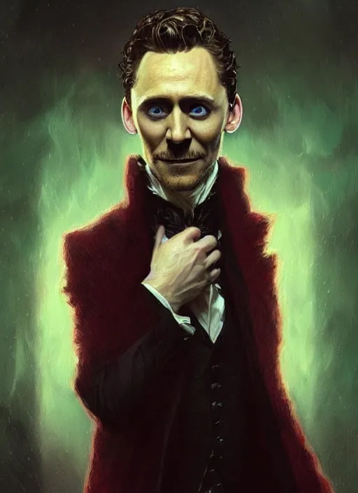 Image similar to portrait of tom hiddleston as a vampire lord, jewelry, greek, emerald, intricate, headshot, highly detailed, digital painting, artstation, concept art, sharp focus, cinematic lighting, illustration, art by artgerm and greg rutkowski, alphonse mucha, cgsociety