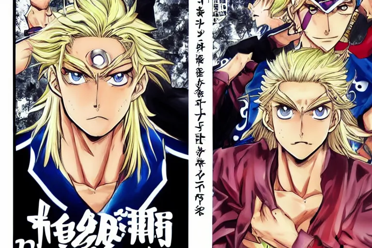 Prompt: manga volume cover, boy with blue eyes and long blonde hair, symmetrical face happy, stubble, handsome face, jojo's bizzare adventure, manga cover, hirohiko araki, illustration