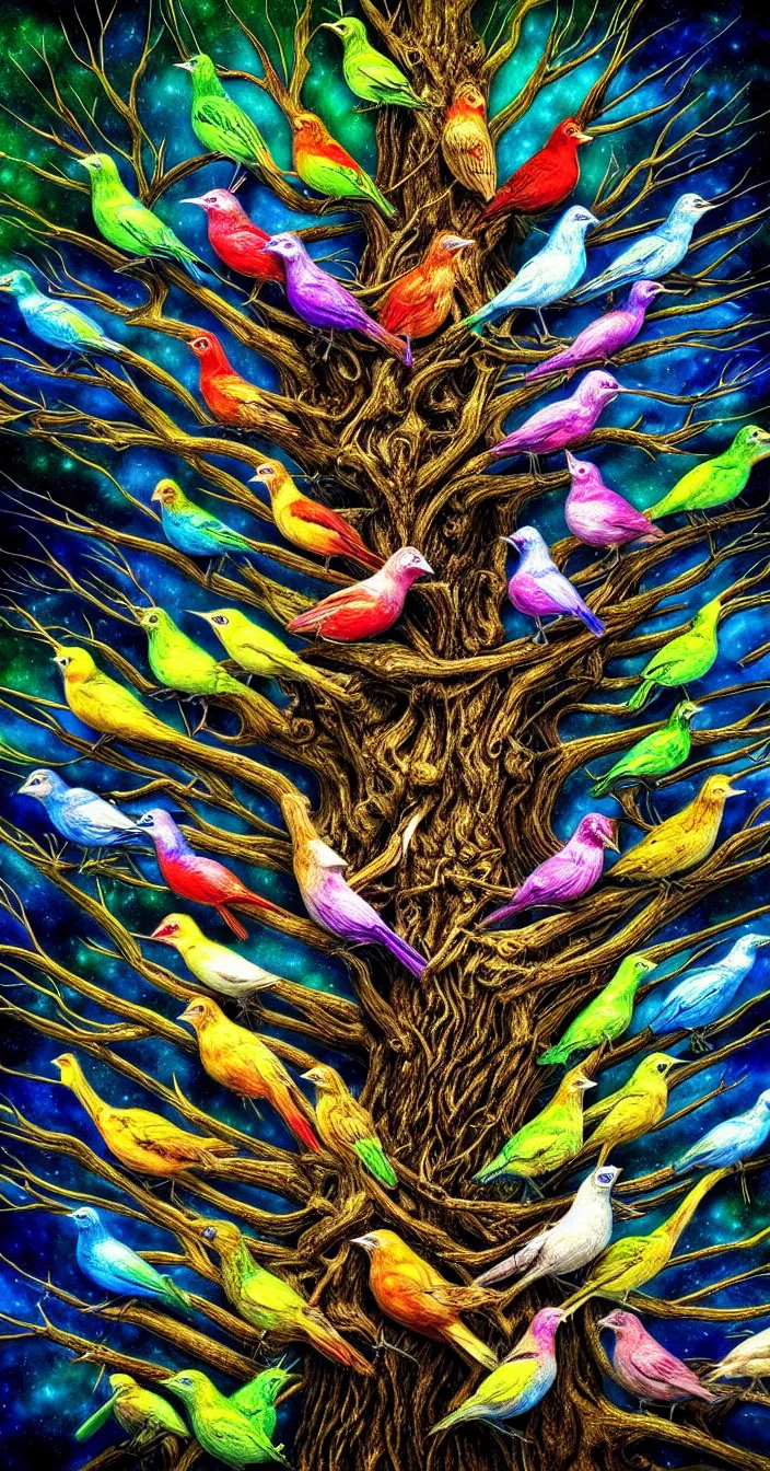 Prompt: realistic photo of too many small psychedelic birds sitting on big tree, very sharp focus, dark background, in the style of greg rutswoski, very hyper realistic, highly detailed, fantasy art station