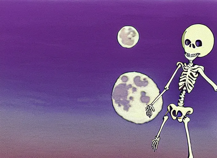 Image similar to a still from a studio ghibli movie of a purple cloaked skeleton necromancer from moomin ( 1 9 9 7 ), in front of a pale full moon, full body, wide shot, very dull muted colors, studio ghibli, highly detailed, deviantart, art by artgem