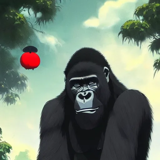 Prompt: gorilla wearing a black shirt, holding a red mushroom, landscape illustration concept art anime key visual trending pixiv fanbox by wlop and greg rutkowski and makoto shinkai and studio ghibli and kyoto animation