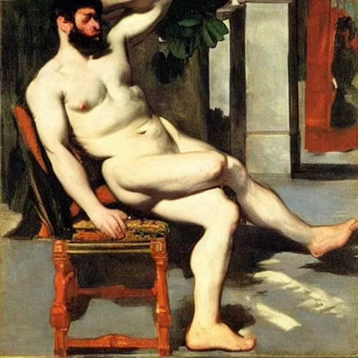 Image similar to Olympia by Édouard Manet, but as a muscular man