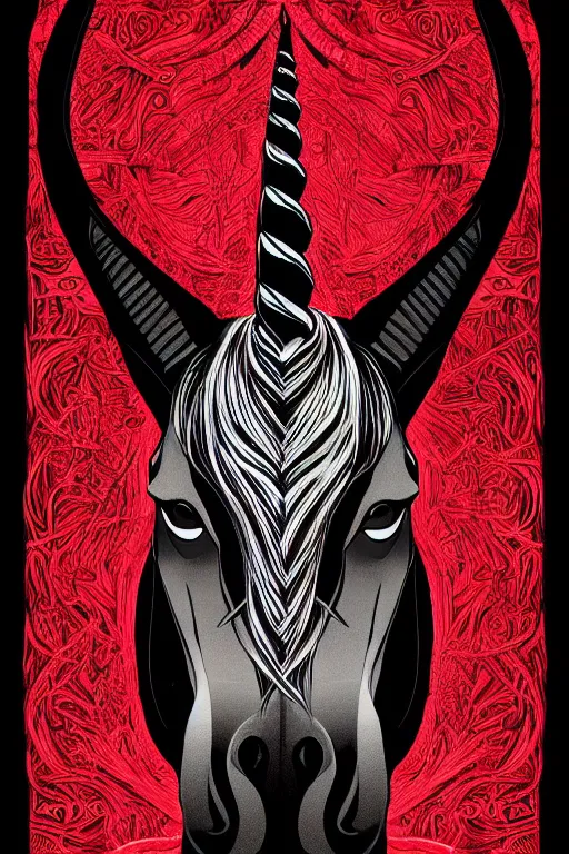 Image similar to evil unicorn, symmetrical, highly detailed, digital art, sharp focus, trending on art station, red and black