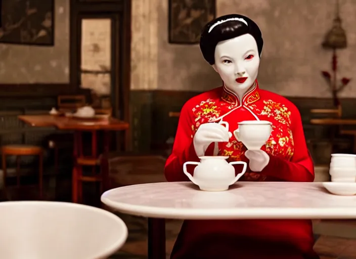 Image similar to movie still of a beautiful woman made out of porcelain sitting at a table in a cafe, wearing a red cheongsam, smooth white skin, creepy, single tea cup in foreground, directed by Guillermo Del Toro