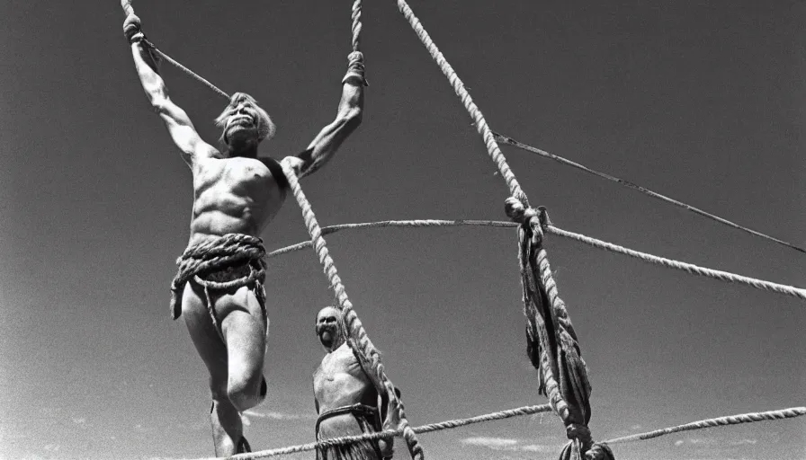 Image similar to 1 9 6 0 s movie still of marcus atilius regulus tied with ropes at pole in direction of the burning sun with blood flowing off his eyes cinestill 8 0 0 t 3 5 mm b & w, high quality, heavy grain, high detail, texture, dramatic light, anamorphic, hyperrealistic, detailed hair