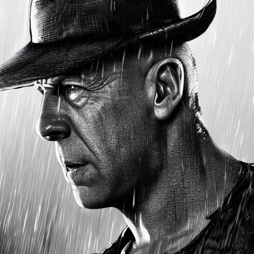 Image similar to Bruce Willis as blacksmith, wet face , heavy rain ,dramatic, intricate, highly detailed, concept art, smooth, sharp focus, illustration, Unreal Engine 5, 8K