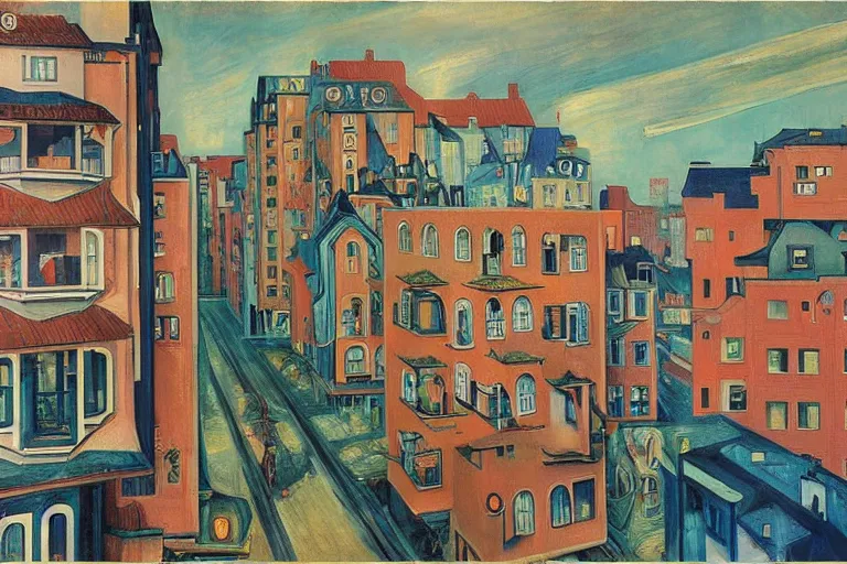 Prompt: unique shops, apartment towers, and cute townhouses along a city street, oil painting by edvard munch, mc escher, stanislaw beksinski, makoto shinkai, jim woodring, aldemir martins, nicholas roerich