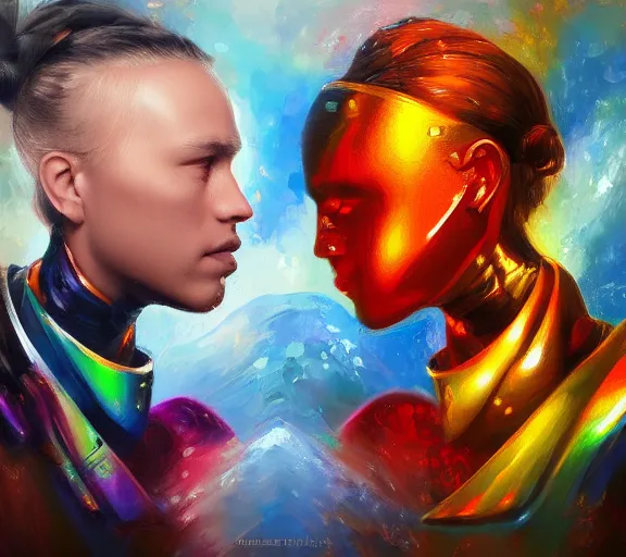 Prompt: two Artificial Intelligence fighting for creating the most impressive art painting, colorful, oil painting, digital art, trending on artstation