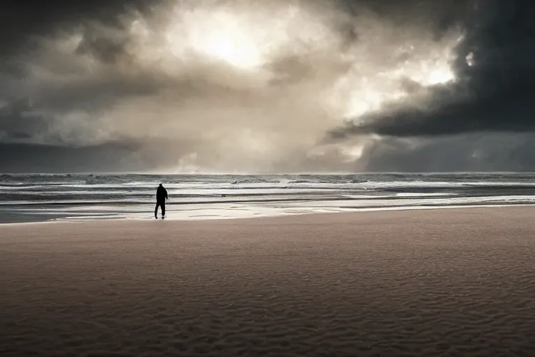 Image similar to a cinematic wide angle shot of a man in his early twenties walking on the sand towards the camera with his head down, sea behind him, in the 2 0 2 1 movie dune, the sand is in the form of a wave, stormy weather, dry, film still, cinematic, dramatic lighting, by zack snyder