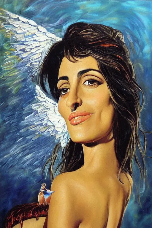 Prompt: oil painting, portrait of penelope cruz with wings, artwork by salvador dali