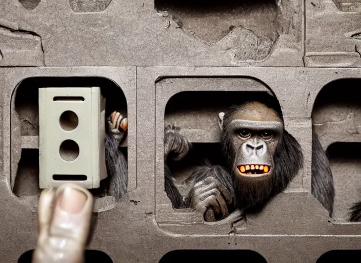 Prompt: scary ape inside fuse box in post communist apartment building