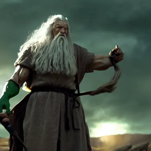 Prompt: film still of gandalf starring as the hulk, claymation, 8 k, hyperdetalied, cgsociety