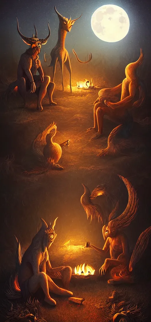 Image similar to strange mythical beasts of sitting around a fire under a full moon, surreal dark uncanny painting by ronny khalil