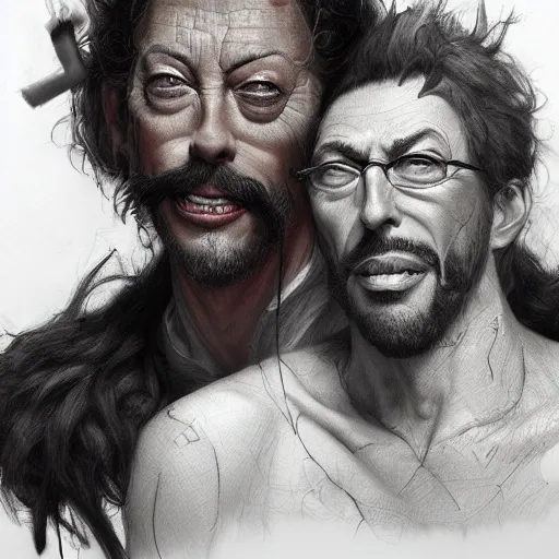 Image similar to pencil illustration of Tim Curry and Nigel Thornberry trending on art station Greg rutkowski cinematic