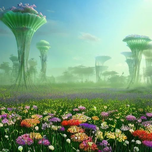 Image similar to i am flying towards the city of flowers, arms outstretched, birds fly beside me, towering flowers, translucent petals, spiral settlement on stem, riding the seed pod, beautiful textured lighting, water nozzles spraying mist, sunlight reflecting through water, global illumination, dappled lighting, high sharpness, subtle aperture gradient, style of albert bierstadt