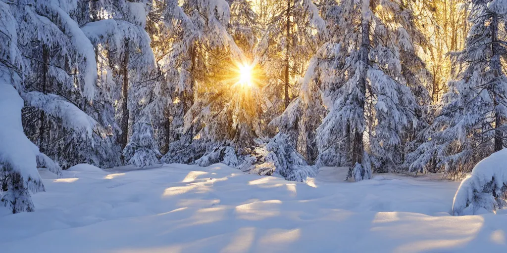 Image similar to forest covered in snow, golden hour, photorealistic, 4k,