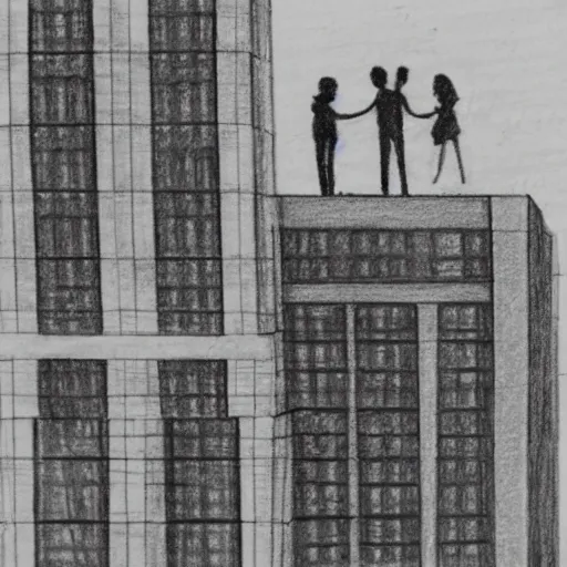 Image similar to a pencil sketch of 2 people sitting on the edge of a building looking away from the camera, tall rectangular buildings in the background, planes flying overhead