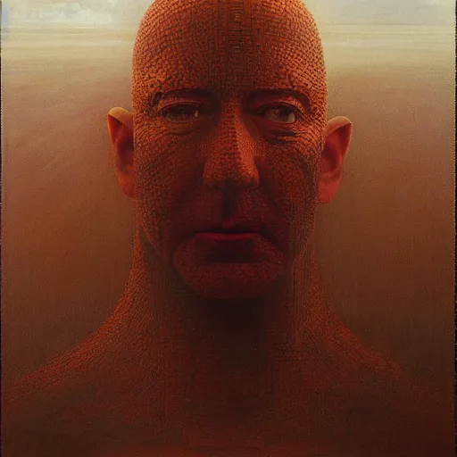 Image similar to Jeff Bezos at the edge of time, moody, dramatic, masterpiece by Zdzisław Beksiński