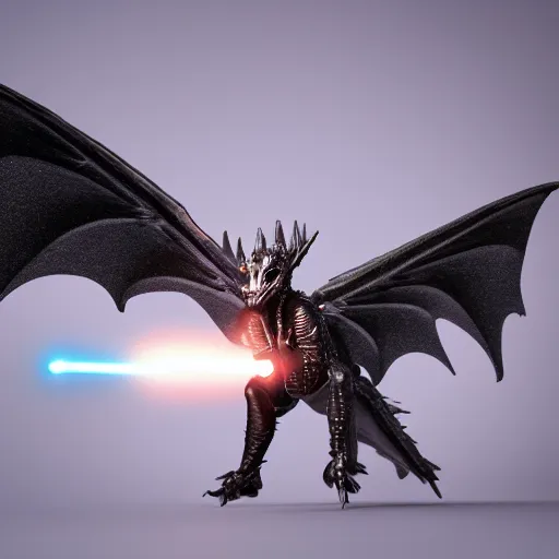 Prompt: a winged humanoid dragon holding a lightsaber, octane render, photorealistic, 3D