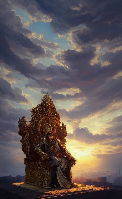 Image similar to a beautiful artwork illustration, a king sitting on his throne in a grand hall at sunset, by greg rutkowski and jesper ejsing and raymond swanland, featured on artstation, wide angle, vertical orientation