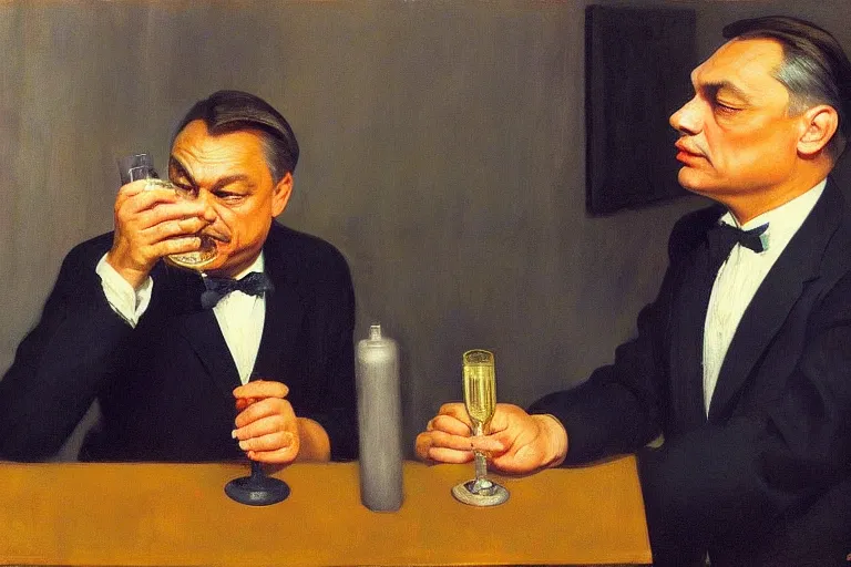 Image similar to viktor orban drinking champagne, highly detailed face by edward hopper