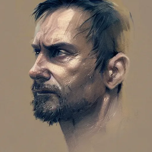 Image similar to Portrait of a man by Greg Rutkowski, he is about 40 years old, southern slav features, messy brown short hair, strong and tall, tired expression, he is wearing a black tank top, highly detailed portrait, digital painting, artstation, concept art, smooth, sharp foccus ilustration, Artstation HQ.