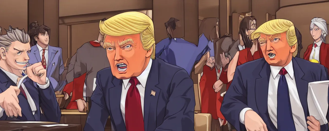 Prompt: donald trump being judged in phoenix wright, ace attorney, 4 k, high quality