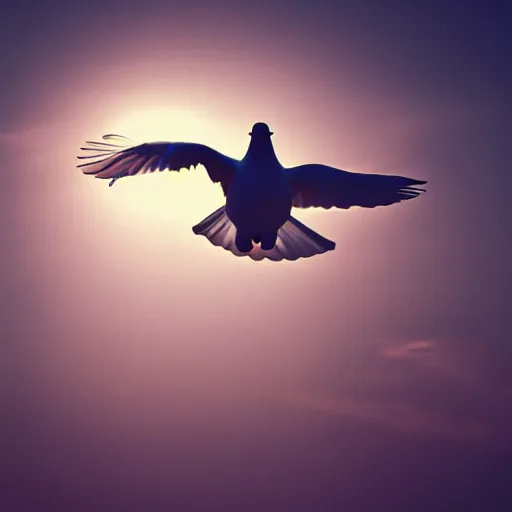 Image similar to Close-up realistic shot of a radiant shining white dove flying over the clouds at sunset, ethereal, vintage photograph, film grain, surreal, awe-inspiring, highly detailed, blue and orange color scheme