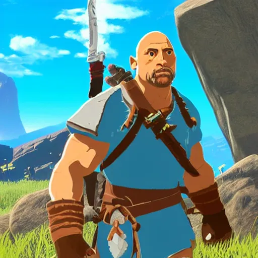 Image similar to dwayne the rock johnson as zelda breath of the wild character screenshot from zelda breath of the wild game