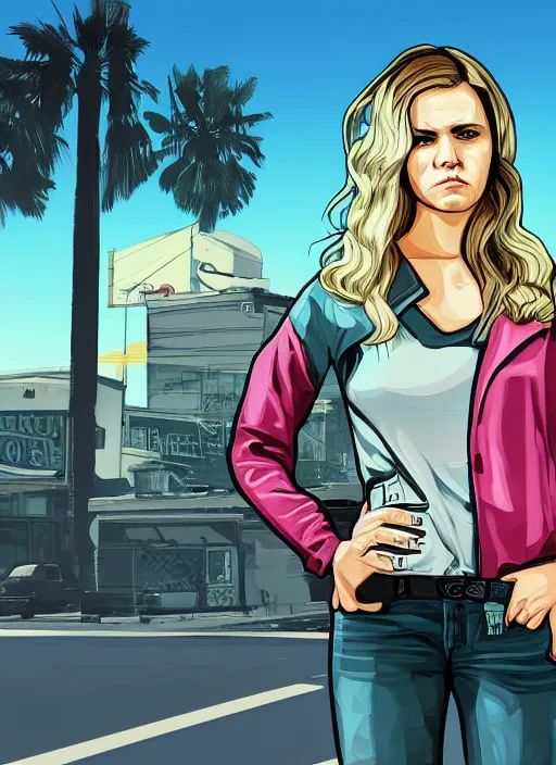 Prompt: illustration gta 5 artwork of christina haack, in the style of gta 5 loading screen, by stephen bliss