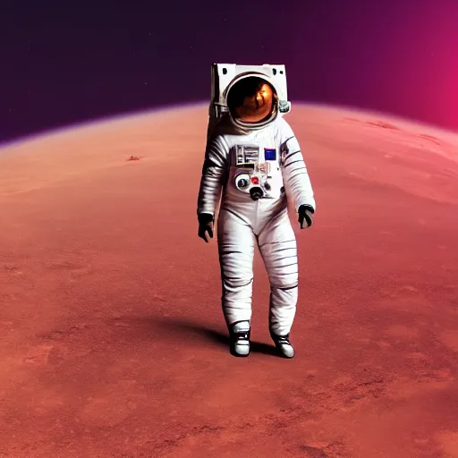 Image similar to A wide angle shot from below of a female astronaut with a feminine body walking with swagger towards camera on mars in an infinite universe , synthwave digital art