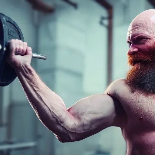 Prompt: Bald man with long red beard lifting weights, realistic 4k octane beautifully detailed render, 4k post-processing, highly detailed, intricate complexity, epic composition, magical atmosphere, cinematic lighting, masterpiece, ultra hd