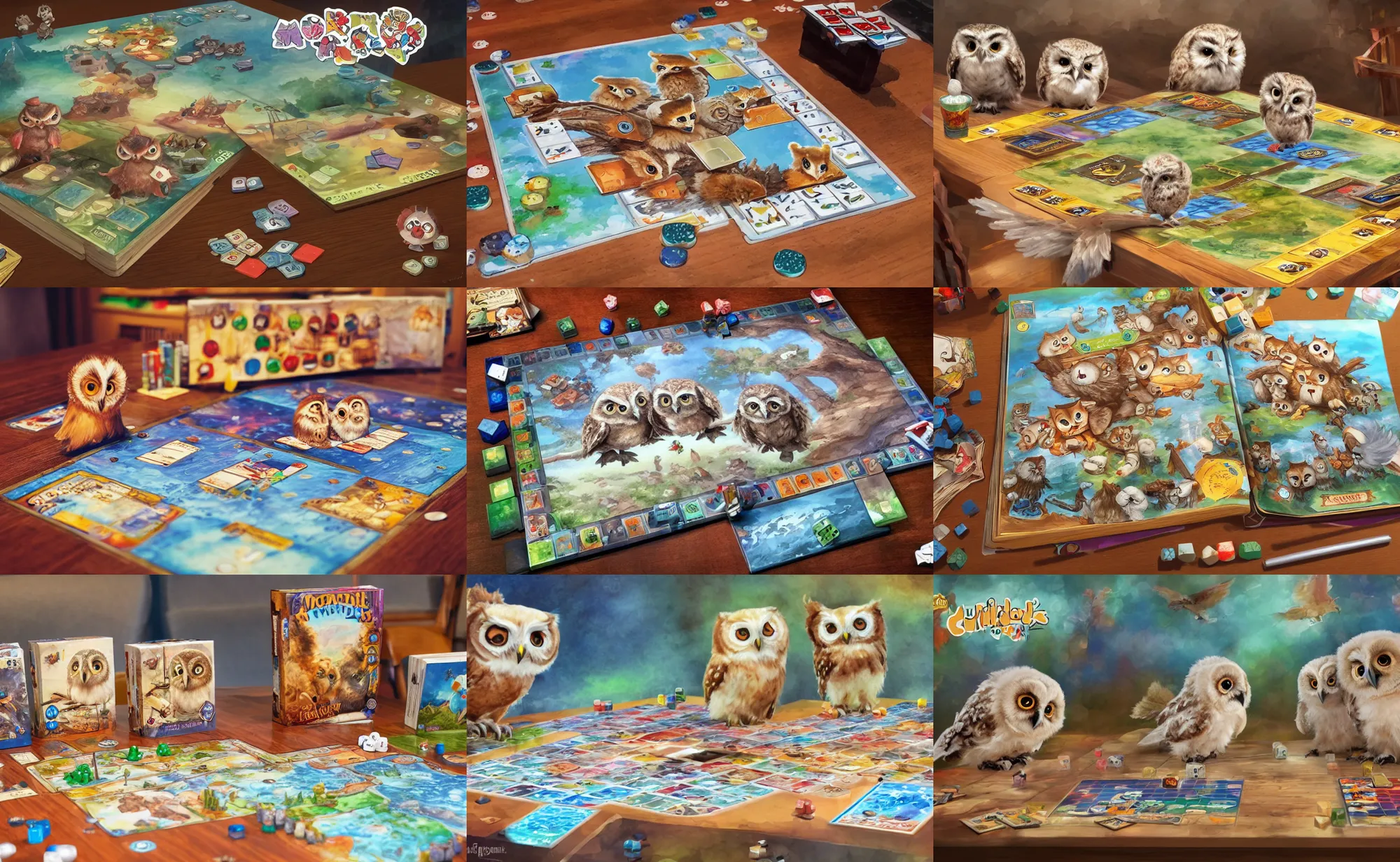 Prompt: board games on a table, with some cute fluffy baby owls, children's book, water color, artstation, concept art, masterpiece, matte, sharp focus, illustration, art by Ivan Gantschev