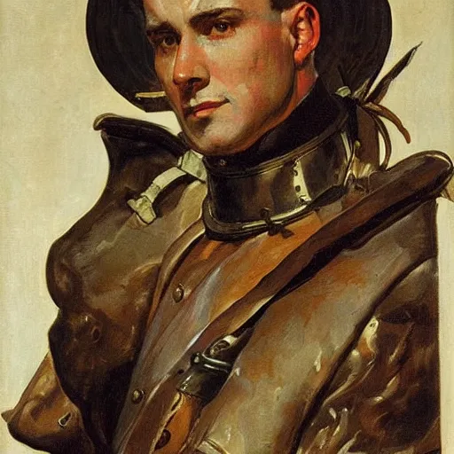 Prompt: portrait of a maximalist medieval foot soldier, by j. c. leyendecker