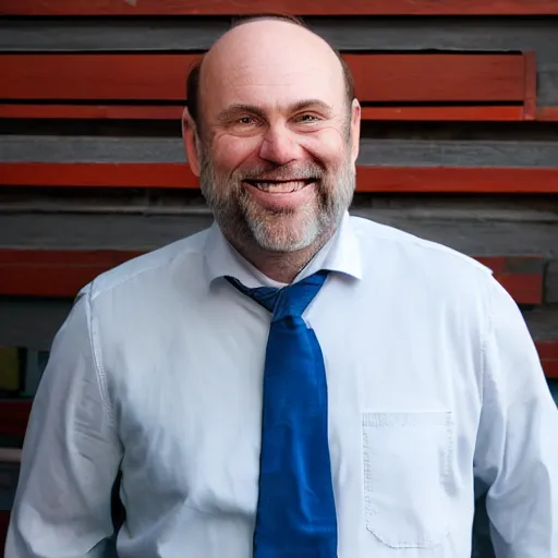 Image similar to color photograph of a balding middle aged hairy blue eyed round faced white man dressed in a white shirt and grey pants and black dress shoes smiling at the camera with perfect straight white teeth