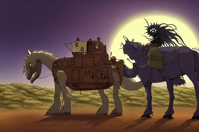 Prompt: a cell shaded cartoon of a lovecraftian mechanized horse from howl's moving castle ( 2 0 0 4 ), on a desert road, in front of a full moon, full body, wide shot, very muted colors, post grunge, studio ghibli, laurie greasley, highly detailed, deviantart, art by artgem