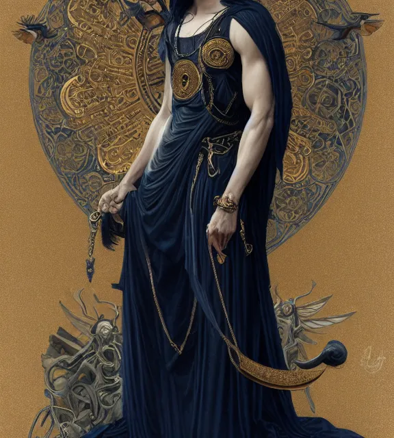 Image similar to god of death, young man, in the underworld, elegant dark blue dress, very detailed, throne, very intricate details, jewelry, gold line tattoos, elaborate long hairstyle, wings, cinematic, artstation, william bouguereau, alphonse mucha, greg rutkowski, rossdraws, octane render