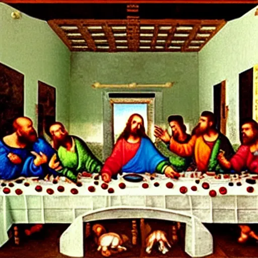 Image similar to painting of the last supper with dogs, mural by michelangelo