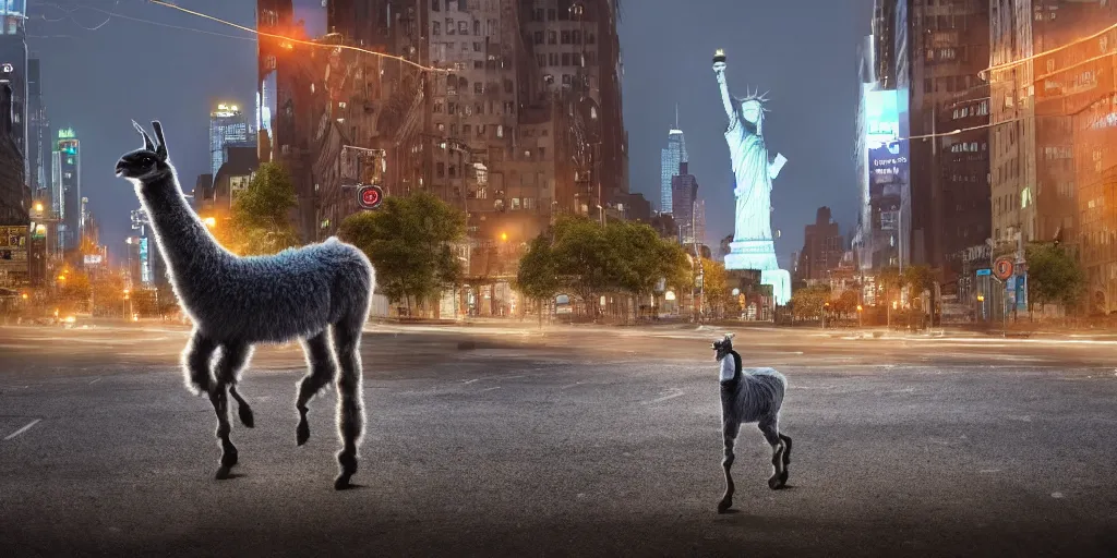 Image similar to a llama walking through a desolate manhattan city street at night, statue of liberty seen in the background, realistic 4 k octane beautifully detailed render, 4 k post - processing, highly detailed, intricate complexity, epic composition, magical atmosphere, cinematic lighting, masterpiece, ultra hd