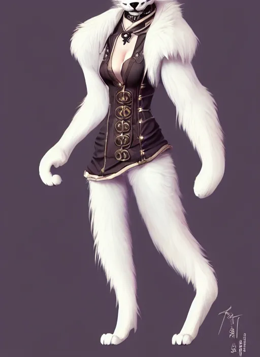 Image similar to wide angle beautiful full body portrait of a strong female anthropomorphic anthro lynx fursona wearing a steampunk dress. character design by disney, anime, manga, charlie bowater, ross tran, artgerm, and makoto shinkai, detailed, soft lighting, rendered in octane, white fur