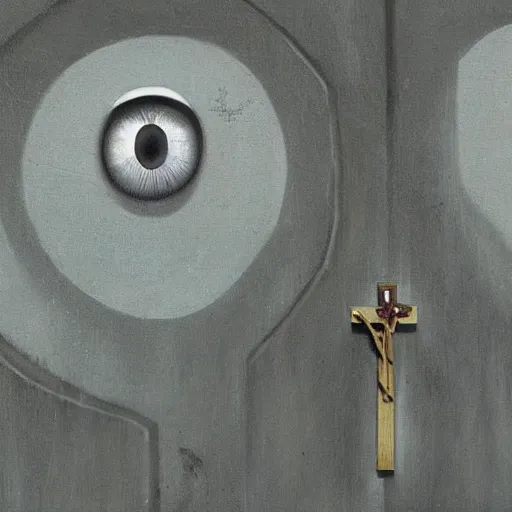 Prompt: Detail on scene, where terrified priest with tormented eyes is aiming the crucifix at grey ugly Alien, dark, horror atmosphere, the essence of evil, by Lee Madgwick