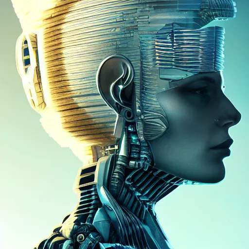 Image similar to panorama of a very pretty blond borg queen on a borg ship, cybernetic implants, perfect face, symmetrical face, moody lighting, shallow depth of field, artstation concept,