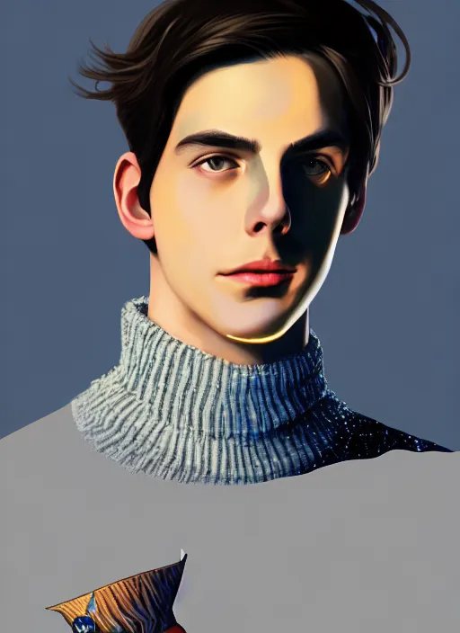 Image similar to portrait of teenage jughead jones wearing a light grey crown, crown, blue turtleneck, closed eyes, photorealistic, black hair, glowing lighting, intricate, elegant, glowing lights, highly detailed, digital painting, artstation, concept art, smooth, sharp focus, illustration, art by wlop, mars ravelo and greg rutkowski