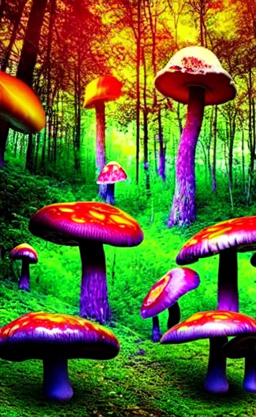 Image similar to trippy enchanged forest with large psychedelic mushrooms