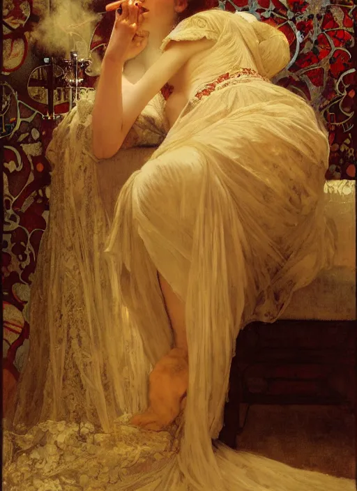 Image similar to a romantic photo of a woman in a dark room wearing lace smoking a cigarette advertisement photography by mucha, nick alm, ruan jia, norman rockwell, greg rutkowski, greg manchess, ethereal, dark, candlelight, pagan, extremely coherent, sharp focus, elegant, sharp features, render, octane, detailed, award winning photography, masterpiece, rim lit