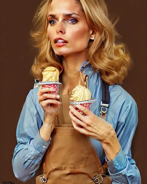 Image similar to portrait of a blonde barbara bach from the bond film wearing dungarees and eating ice creams in porto, real life skin, intricate, elegant, highly detailed, artstation, concept art, smooth, sharp focus, art by artgerm and greg rutkowski and alphonse mucha