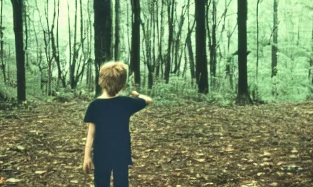 Image similar to kid looking at camera in forest at night, far away from camera, 70s photo, out of focus, motion blur, cctv footage, horror movie, horror lighting, blair witch project, old photo