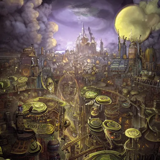 Image similar to city in a giant ring of petals, steampunk, fantasy art, sky in the background, detailed, behrens style