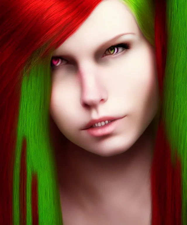 Image similar to Fae teenage girl, portrait, face, long red hair, green highlights, fantasy