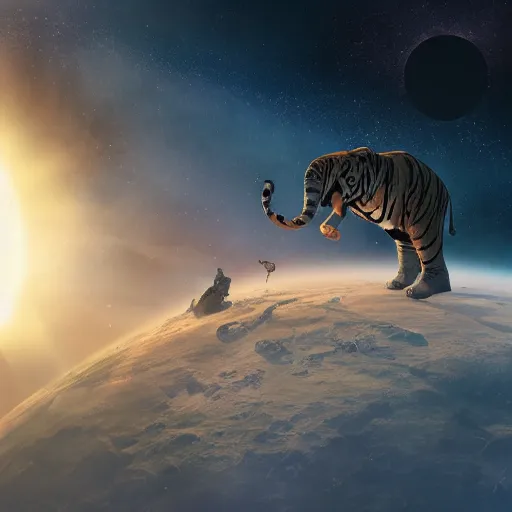 Image similar to planet - sized tiger elephant in space, next to the sun and stars, very wide shot, epic composition, hyper detailed, digital art, trending in artstation, cinematic lighting, studio quality, unreal engine 5 rendered, art style by klimt and nixeu and ian sprigger and wlop and krenz cushart